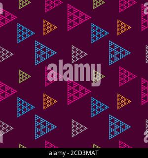 Abstract Triangular Geometric Seamless Pattern Design Template. Colorful Triangles Shape Ornament . Orange, Light Blue, Pink Magenta, Gray, Purple Stock Vector