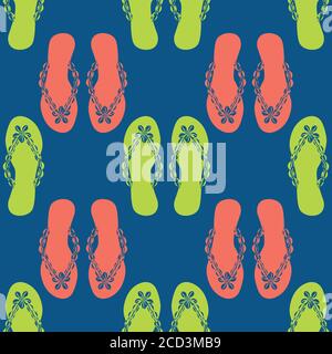 Flip flop shoe seamless vector pattern background. Pretty sandals geometric design beach them backdrop in neon orange, blue, green. Shell decorated Stock Vector