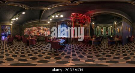 360 degree panoramic view of MINSK, BELARUS - APRIL, 2017: full seamless hdri panorama 360 angle view in interior of stylish hall nightclub bar in vintage style with cage for danc