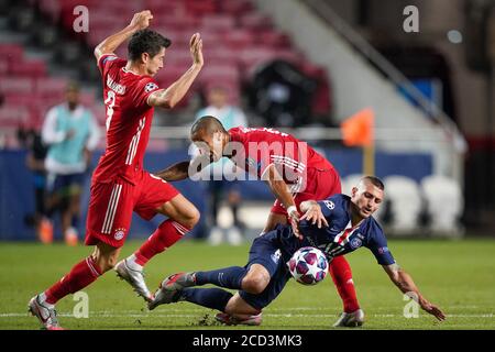 left to right Robert LEWANDOWSKI (M), THIAGO (M), Marco Verratti (PSG), action, duels, football Champions League, final, Paris St. Germain (PSG) - FC Bayern Munich (M). 0: 1, on August 23, 2020 at the Estadio da Luz in Lisbon/Portugal. PHOTO: Peter Schatz/Pool via SVEN SIMON photo agency. Ã‚Â | usage worldwide Stock Photo