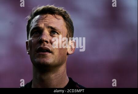 goalwart Manuel NEUER (M) in the evening sun, sunset, sunset, portraet, portrÃ t, portrait, cropped single image, single motif, football Champions League, final, Paris St. Germain (PSG) - FC Bayern Munich (M). 0: 1, on August 23, 2020 at the Estadio da Luz in Lisbon/Portugal. PHOTO: Peter Schatz/Pool via SVEN SIMON photo agency. Ã‚Â | usage worldwide Stock Photo