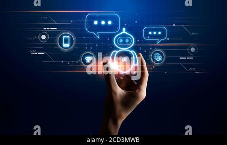 Virtual Assistant. Hand touching chatbot robot icon on digital screen, creative design Stock Photo