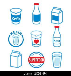 Kefir or kephir, fermented milk product, superfood  vector icons set - color Stock Vector