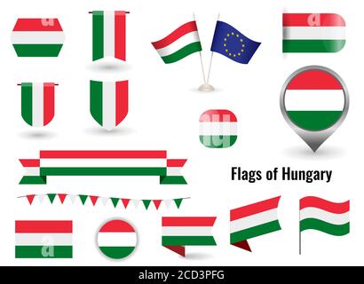 The Flag of Hungary. Big set of icons and symbols. Square and round Hungarian flag. Collection of different flags of horizontal and vertical. Stock Vector