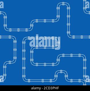 industrial seamless pattern. white piping on Blue background. pipes for water, gas, oil. Pattern in line art style. Stock Vector