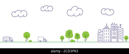A dump truck carries the garbage from the city for recycling in modern waste incineration plant. Linear style. Illustration in blue and green color. Stock Vector