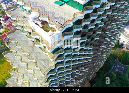 An aerial view of the Beauty Crown Hotel, which looks like nine enormous trees from the computer game Minecraft, drawing attention of tourists and sit Stock Photo