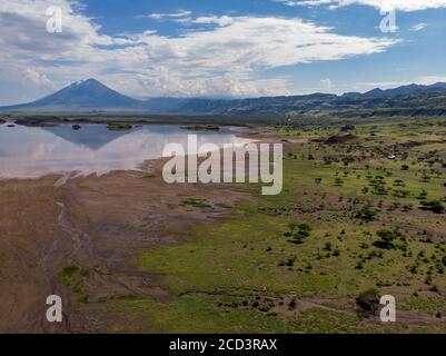 Aerial view on a Picturesque Coastline of Lake Natron in the Great Rift Valley, between Kenya and Tanzania. In the dry season the lake is 80% covered Stock Photo