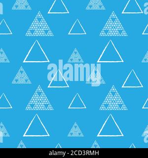 Grunge Outline Triangles Shape Ornament. Fresh Triangular Geometric Seamless Pattern Design Template. Light Blue and White Color Theme. Stock Vector