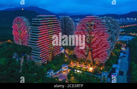 An aerial view of the Beauty Crown Hotel, which looks like nine enormous trees from the computer game Minecraft, drawing attention of tourists and sit Stock Photo