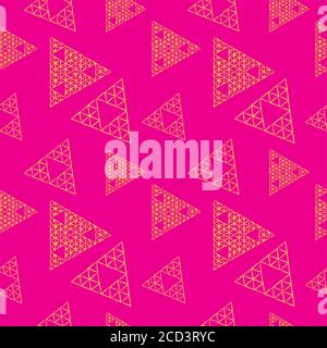 Grunge Outline Triangles Shape Ornament. Handdrawn Triangular Geometric Seamless Pattern Design Template. Yellow and Pink Color Theme. Stock Vector