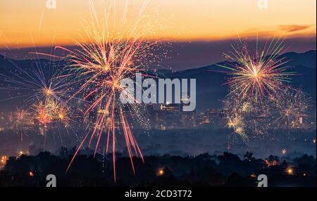 Independence Day fireworks over the City of Denver, Colorado, USA. Stock Photo