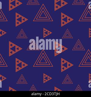 Abstract Outline Triangles Shape Ornament. Retro Triangular Geometric Seamless Pattern Design Template. Dark Blue and Orange Color Theme. Stock Vector