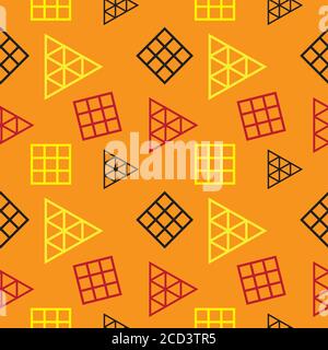 Retro Polygonal Geometric Seamless Pattern Design Template. Triangles and Square Shape Ornament. Yellow Orange Red and Black Color Theme. Stock Vector