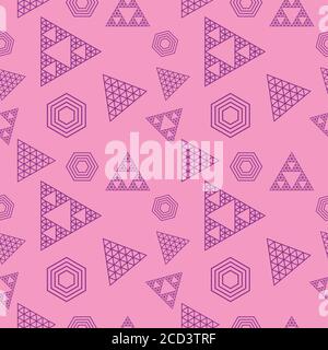 Abstract Outline Triangles and Hexagonal Shape Ornament. Retro Geometric Seamless Pattern Design Template. Pink Purple Violet Color Theme. Stock Vector
