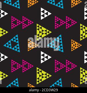 Colorful Triangles Shape Ornament. Triangular Geometric Seamless Pattern Design Template. Yellow Green, Light Blue, Pink , Orange, Black and White Col Stock Vector