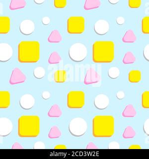 Colorful Candy Seamless Pattern Design Template. Rounded Square, Triangle and Ellipse Shape Ornament. Yellow Green, Light Blue, Orange, Pink and White Stock Vector