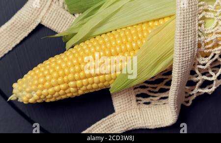 One bright yellow peeled corn on cob on a black background in white shopping net with husk Selective focus Stock Photo