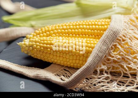 Two bright yellow peeled corn on cob on a black background in white shopping net with husk Selective focus Stock Photo