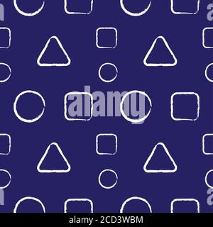 Rounded Triangle, Square and Ellipse Outline Shape Ornament. Abstract Seamless Pattern Design Template. Brush Vector Illustration. Blue and White Colo Stock Vector