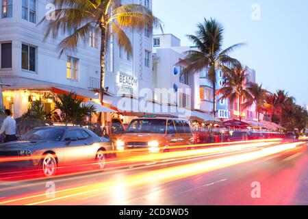 South Beach, Miami, Florida, United States - Hotels, bars and restaurants at Ocean Drive in the famous Art Deco district. Stock Photo