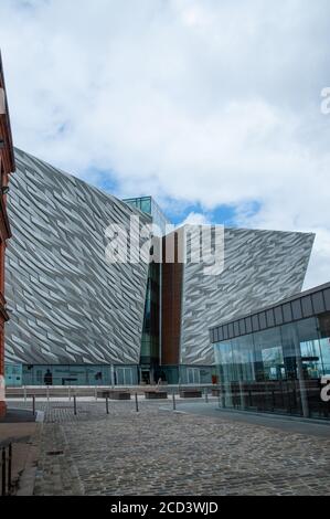 Belfast, Northern Ireland - 03 August, 2019. Titanic Belfast museum on the site of the former Harland & Wolff shipyard,