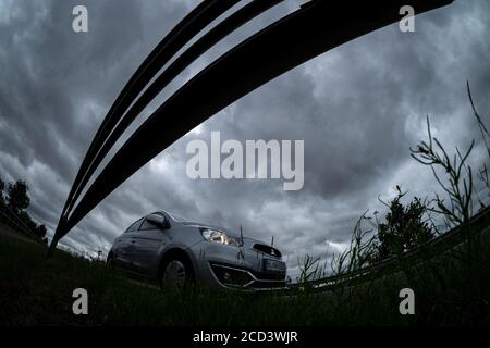 Burgdorf, Germany. 26th Aug, 2020. Deep dark clouds cover the sky near Burgdorf. The storm 'Kirsten' brought gusty, rainy and altogether quite autumnal weather to Lower Saxony and Bremen on Wednesday. Credit: Peter Steffen/dpa/Alamy Live News Stock Photo