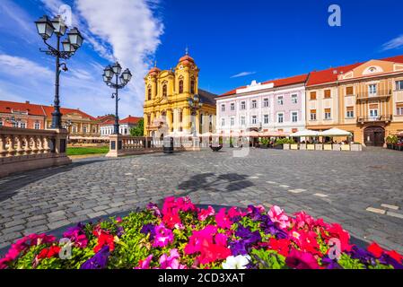 Timisoara, western Transylvania in Romania - Summer time in Union Square with St. George Cathedral Stock Photo
