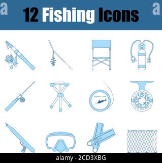 Fishing Icon Set. Thin Line With Blue Fill Design. Vector Illustration. Stock Vector