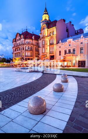 Oradea, Romania with Union Square and Black Eagle, western Transylvania. Stock Photo