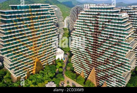 An aerial view of the Beauty Crown Hotel, which looks like nine enormous trees from the computer game Minecraft, drawing attention of tourists and sit Stock Photo