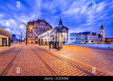 Oradea, Transylvania with tram station in Union Square cityscape in Romania Stock Photo