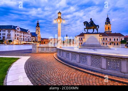 Oradea, Romania with Union Square (Piata Unirii) western Transylvania twilight sightseeing. Stock Photo