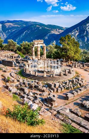 Delphi, Greece. Tholos temple, sanctuary of Athena Pronaia ancient Greek civilization. Stock Photo