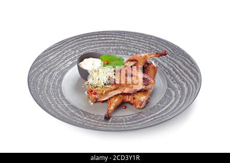 Roasted hen with sauce isolated on white Stock Photo