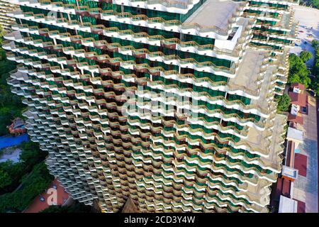 An aerial view of the Beauty Crown Hotel, which looks like nine enormous trees from the computer game Minecraft, drawing attention of tourists and sit Stock Photo