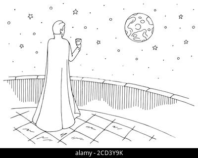 Vampire standing on the balcony, drinking from glass and looking at the moon graphic black white sketch illustration vector Stock Vector