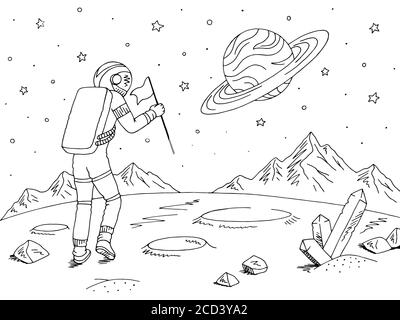 Spaceman astronaut walking with flag. Alien planet graphic black white space landscape sketch illustration vector Stock Vector