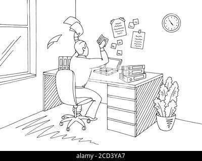 Man sitting on a chair and throwing paper feeling stress. Office room graphic black white interior sketch illustration vector Stock Vector