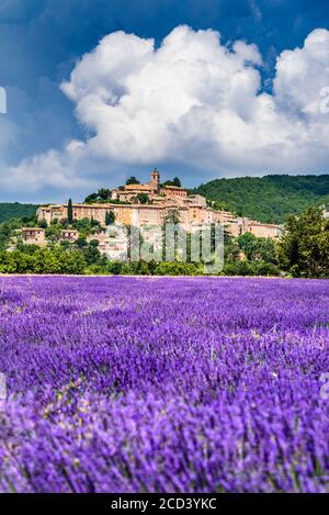 Banon, Provence - Hilltop village with lavender fields in France. Stock Photo