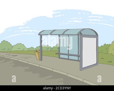 Bus stop graphic color street landscape sketch illustration vector Stock Vector