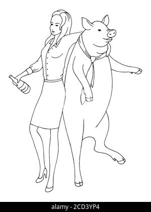 Drunk woman dancing with a pig and celebrating new year graphic black white sketch illustration vector Stock Vector