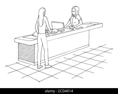 Customer putting products on tape cashier. Grocery store graphic black white sketch illustration vector Stock Vector