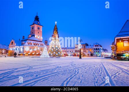 Christmas market and decorations tree downtown of Brasov, winter season in Transylvania, Romania.