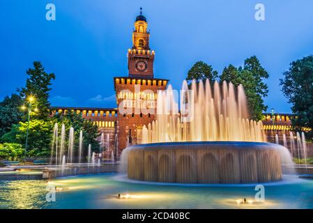 Milan, Italy - Sforza Castle and the fountain, medieval built in the 15th century Duke of Milan Stock Photo