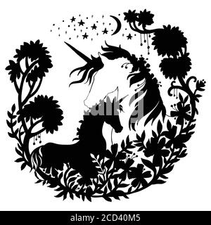 Vector beautiful unicorn and foal with trees and stars in circle composition. Black silhouette illustration isolated on white background. For template Stock Vector