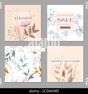 Set trendy abstract square art templates with floral elements. Suitable for social media posts, mobile apps, banners design and web/internet ads.Gentl Stock Vector