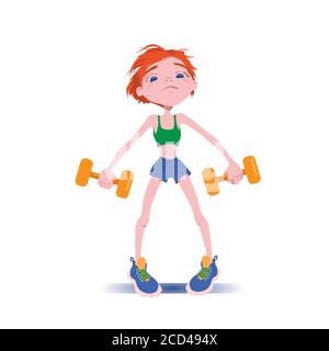 Young cute girl goes in for sports with dumbbells. Efforts to lift heavy weights. Cartoon character vector illustration Stock Vector