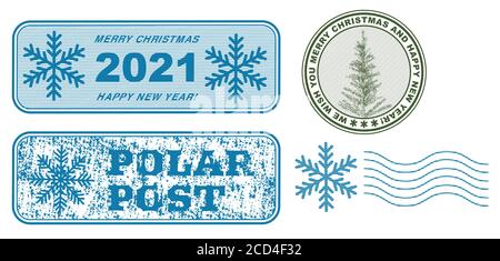 Set of vector stamps., Realistic christmas tree, gift and inscription 2021. Grunge lines surface. Stock Vector