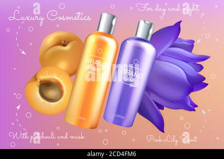 Apricot lily ingredients in skincare cosmetic product vector illustration. Skin body or hair care in 3d realistic bottles, sliced ripe orange apricot fruit and purple lily flower ads poster background Stock Vector